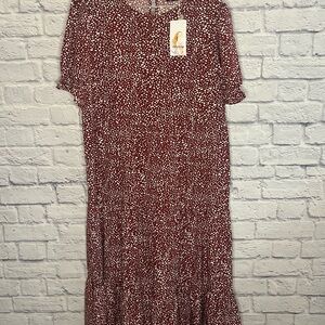 NWT Large PrettyGarden Maroon & White Speckles Midi Boho Chic Casual Dress